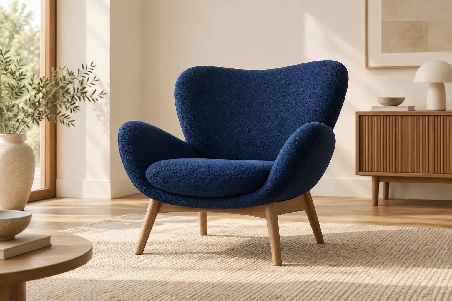 Blue accent chair in a refined interior