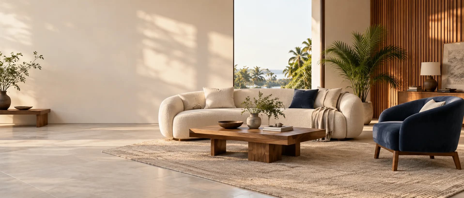 Inviting living room with sofa, teak table and blue chair